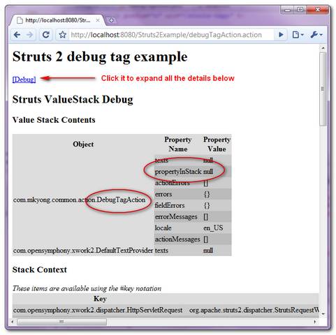 Struts 2 debug tag example