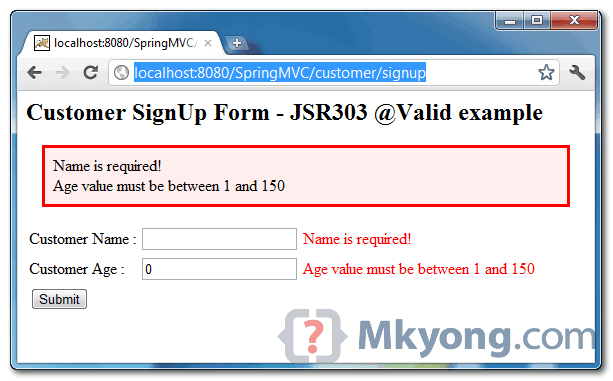 Spring MVC JSR303 demo page - error message
