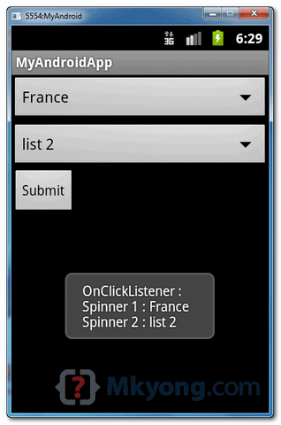 Android spinner (drop down list) example 