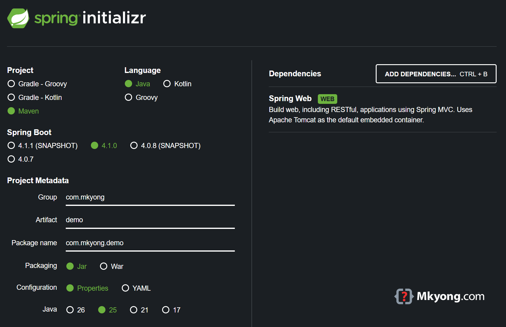 Spring Boot Hello World project setup in Spring Initializr